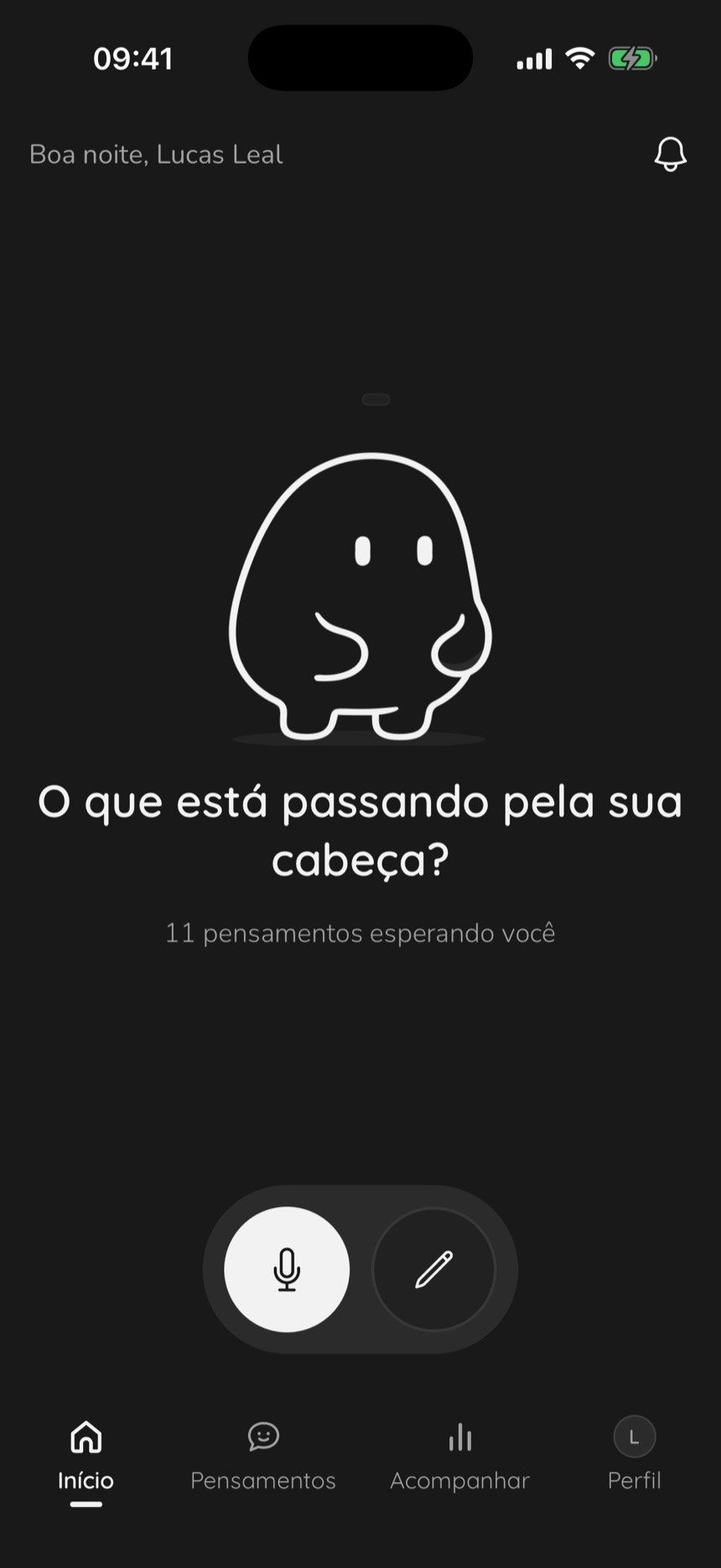 A tela de início do Think Capture, com o Kiro e os botões de falar e escrever